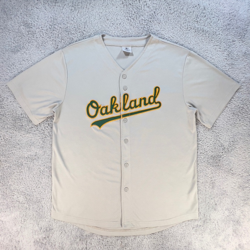 MLB Genuine Oakland Athletics Jersey Mens Large Gray Green Yellow Button Up